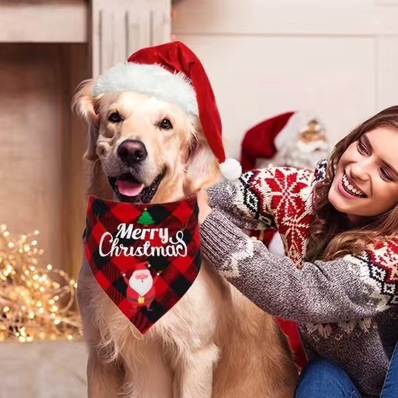 Christmas Dog Bandanna Tartan Plaid Merry Christmas Graphic Tie On Black Red OS - Picture 2 of 10